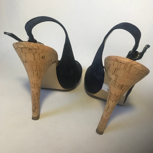 GUESS Blue Suede Cork Sling Back Peep Toe Platform - Picture 9 of 10